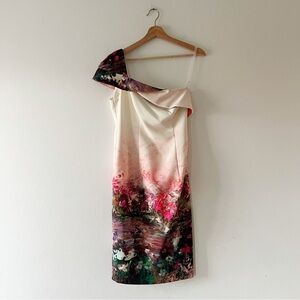 BLACK HALO EVE | Jackie O One Shoulder Watercolor Sheath Dress | 6